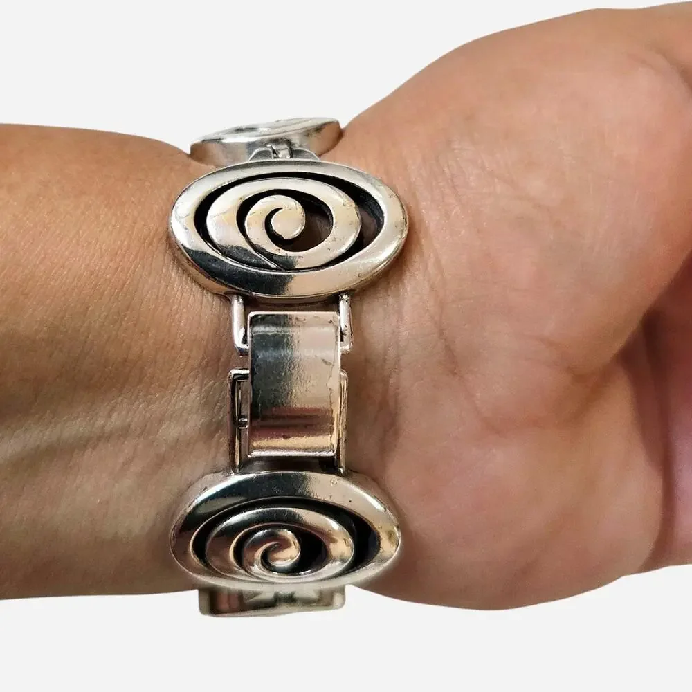 Vintage Brighton Retired Silvertone Spiral Scroll Panel Bracelet